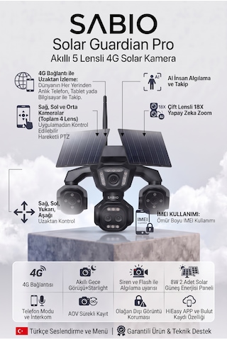 Solar Guardian Pro 5 Lensli 4g Sim Kartlı Solar Panelli Güvenlik Kamerası