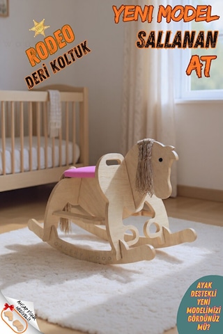 Ahşap Sallanan At-deri Koltuklu-ayak Destekli- Yeni Model -pembe