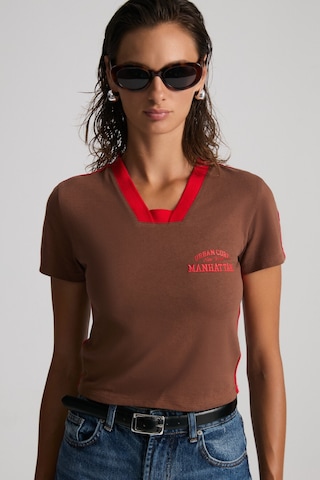 ETHIQUET ARIANWEN Kadın %100 Pamuk Dekoratif triko Yakalı Nakışlı Crop Kısa Kollu Kahverengi T-Shirt