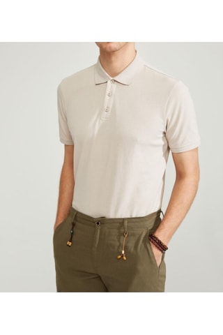Nacar Store Erkek Mavi Polo Yaka Slimfit Basic Tshirt Krem
