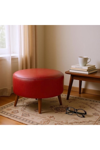 Azra Mobilya Kırmızı Yuvarlak Deri Puf 60 Cm Çap, 46 Cm Yükseklik, Modern Ceviz Ayaklı Kırmızı