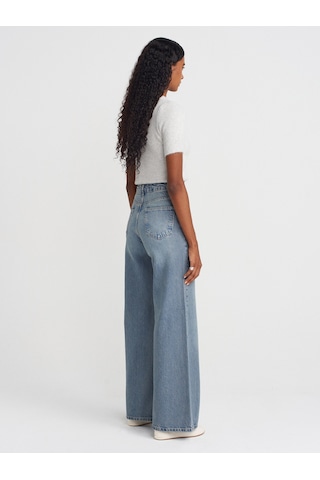 Dilvin 72039 Dökümlü Geniş Denim Pantolon-mavi Mavi