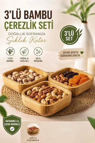 3'lü Doğal Bambu Çerezlik