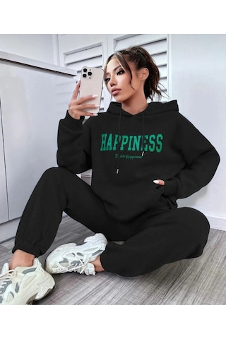 Siyah Happiness Kapüşonlu Kombin Alt Üst Eşofman Takımı Siyah