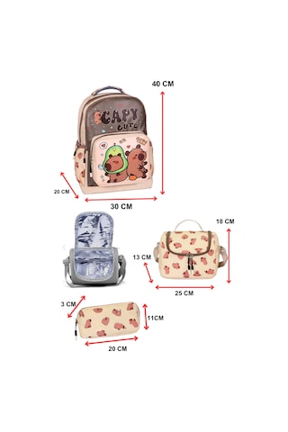 3 Lü İlkokul Capy Cute Baskılı, Erkek Çocuk Beslenmeli Ve Kalemlikli Okul Çantası Bej