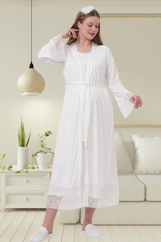 Mecit Pijama Mecit 6204 Bayan Ekru Hamile Lohusa Sabahlık Gecelik Takım