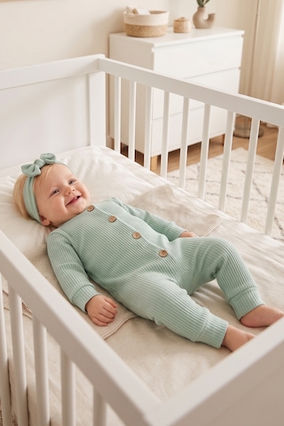Babymod Fitilli Düğme İliklemeli Saç Bandlı Pamuklu Kız Bebek Tulum Set Yeşil
