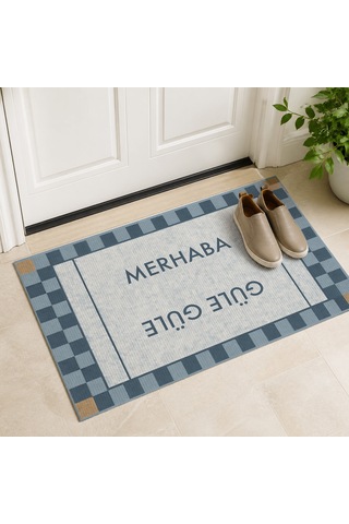 Kartela Halı Merhaba Güle Güle Damalı Kapı Paspası Mavi Kaymaz Kauçuk Taban Yıkanabilir 60x90 Cm