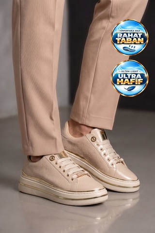 Ayakmod Bej Cilt Kalın Rahat Tabanlı Bağcıklı Kadın Casual Yürüyüş Ayakkabı Sneaker 431173