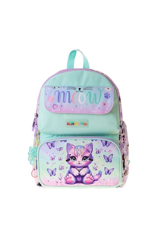 Kaukko Kids Kız Çocuk Mor Kedi Desenli Okul Çantası - Yeşil - Mor - Meow - L5288 Çok Renkli