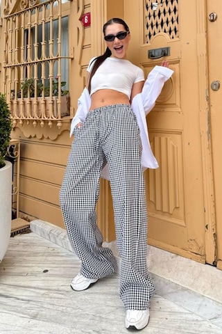Madmext Siyah Beli Ayarlanabilir Ekoseli Bol Paça Kadın Pantolon Mg2335 Siyah