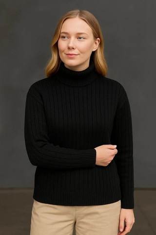 Kadın Balıkcı Yaka Bağazlı Triko Kazak Pamuklu Kalın Fitilli Dokuma - Siyah Siyah