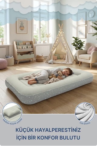 Livenzi Nature Çocuk Şişme Yatak & Yastık + Manuel Şişirme Pompası 160 105 24 Cm Bej
