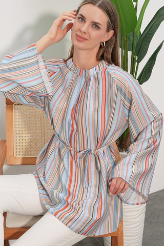 Bigdart Kadın Çizgili Bağcıklı Oversize Tunik 50009 - Mavi
