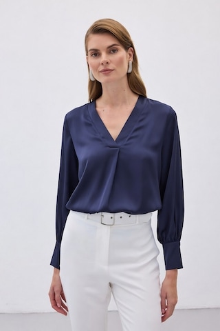 Sateen V Yaka Saten Bluz - Lacivert-136503 Lacivert