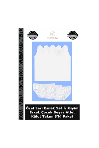 Floranova Özel Seri Esnek Set İç Giyim Erkek Çocuk Beyaz Atlet Külot Takım 3'lü Paket