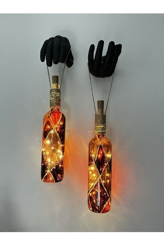 Heykel Siyah El Dekorlu Led Işıklı Kahve Vitray Cam Şarap Şişesi Çok Renkli