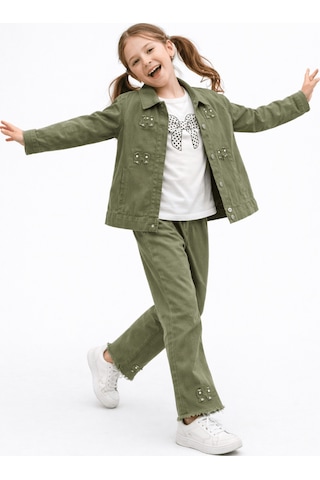 Turuncu Gardrop 9-12 Yaş Fiyonklu Gabardin Kız Çocuk 3lü Takım Haki Haki