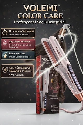 Volemı V-0102 Profesyonel Saç Maşası Color Care, 5x Renk Koruma, Keratin Yağlı Seramik Kaplama Dijital Isı Ayarlı Maşa