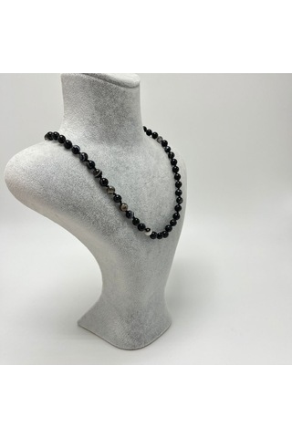 Yıldız Doğal Taş Göz Akik Doğal Taş 6 MM Makrome Kolye 45 CM - 55 CM Ayarlanabilir Siyah