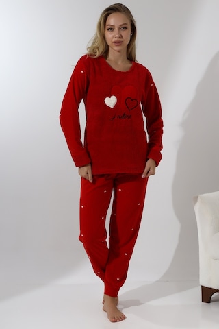 Wordex Fawn 5005 Peluş Welsoft Polar Kışlık Yumoş Kadın Pijama Takımı Kırmızı