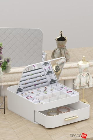 Decorev Aynalı Çok Bölmeli Çekmeceli Makyaj Takı Organizer Krem
