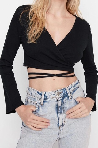 Ersefa Moda Kruvaze Örme Slim Düz Desen Casual Günlük Crop Uzun Kol Bluz siyah
