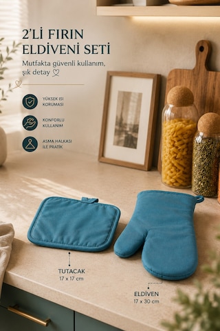 Porsima 3136 2li Isıya Dayanıklı Fırın Eldiveni Seti Mutfak Eldiveni Seti Mavi Mavi