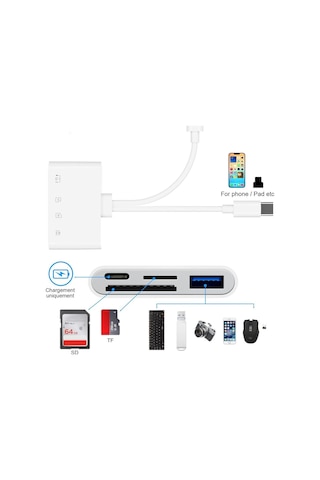 4 İn 1 Lightning Type-c Çıkışlı Çoklu Kablolu Otg Çevirici Adaptör Sd Tf Kart Okuyucu Usb Hub