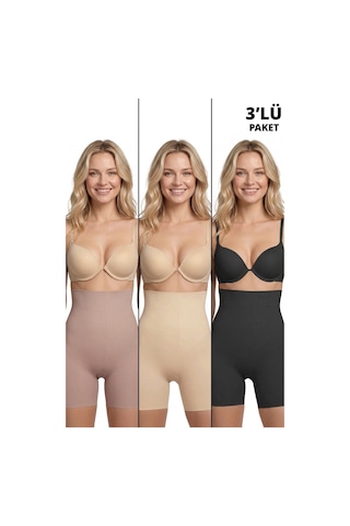 Cottonhill Yüksek Bel Toparlayıcı Lazer Kesim Kadın Korse Siyah-kahverengi-ten 3'lü Paket Ten Rengi - Siyah