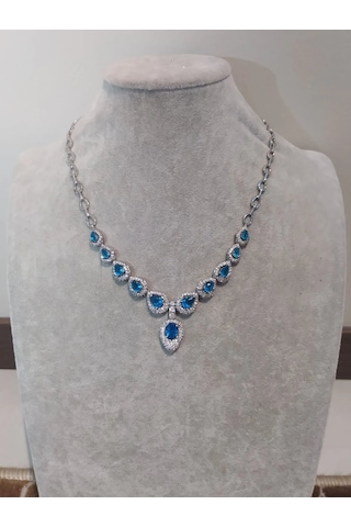 925 Gümüş Mavi Topaz Tasarım Kolye 313 Gümüş