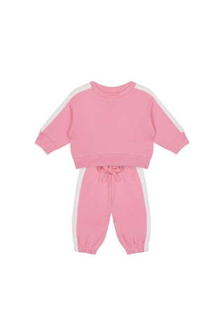 Antebies Organik Pembe Beyaz Beli Lastikli Bağcıklı Manşetli Kız Bebek Sweatshirt Eşofman Takımı