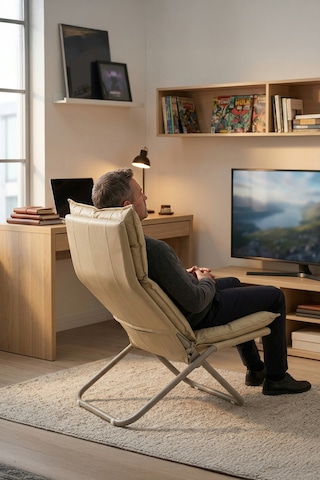Lumis Garden Prestij Katlanabilir Deri Lounge Koltuğu Çıkarılabilir Kılıf, Modern Metal İskelet Bej