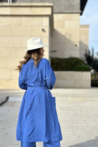 Kadın İndigo Çift Cepli Uzun Kimono & Bol Paça Pantolon - Salaş Alt & Üst Takım Indigo