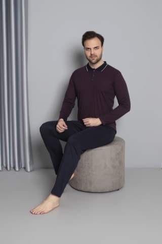 Erkek Düğmeli Desenli Uzun Kollu Pijama Takımı 16585 Bordo Bordo