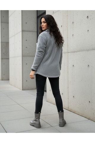 Kadın Slimfit Peluş, Polar, Düğmeli, Teddy Gömlek Yaka, Cepli, Sıcak Tutucu Yumuşak Kışlık Ceket Gri Melanj