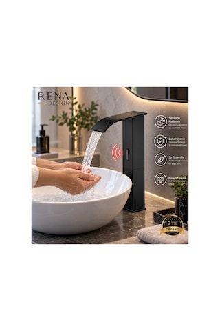 Rena Design Fotoselli Sensörlü Siyah Kare Çanak Lavabo Bataryasi Temassiz Otomatik Tasarruflu Modern Musluk