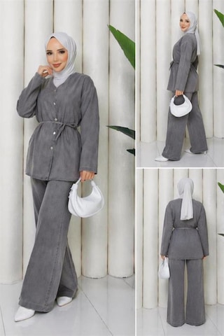 Neşeli Butik Kadın Gri Düğmeli Kuşak Detaylı İkili Kot Tesettür Takım Nbft010