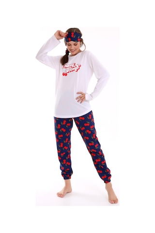 Calimera Kadın Pijama Takımı Uzun Kol Pamuklu Sıfır Yaka Beyaz - Lacivert