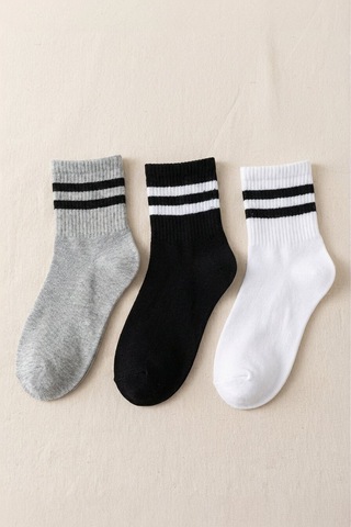 Lykos Unisex 3'lü Paket %90 Pamuklu Çizgili Kolej Çorap Seti - Siyah - Beyaz - Gri