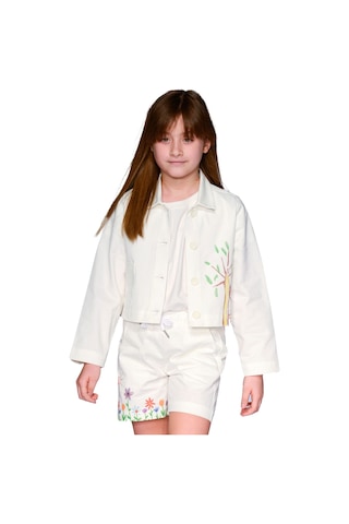 Çocuk Çizim Baskılı Kanvas Beyaz Kız Çocuk Ceket 001