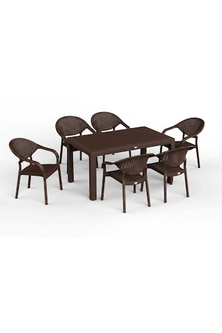 90 X 150 Bambu Plastik Rattan Camsız Bahçe Balkon Teras Masa Takımı 6 Kolçaklı Sandalyeli Kahverengi