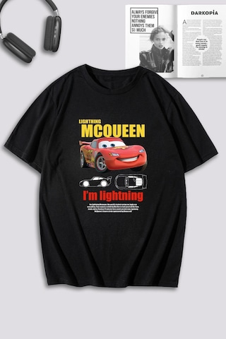 Unisex Kadın Erkek Şimşek Mcqueen Ve Sally Baskılı Özel Tasarım Oversize T-shirt Siyah Mck0504 Siyah