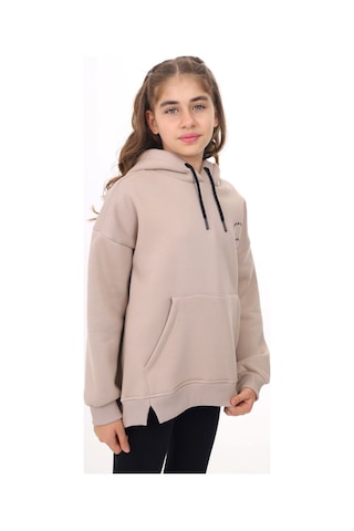 Toontoy Kız Çocuk Oversize Kapüşonlu Cepli Düşük Omuz Baskılı Yırtmaçlı Sweatshirt - 3 İplik Şardonlu Bej