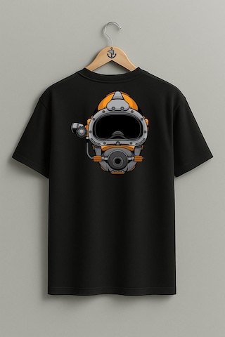 Oversize Dalgıç Başlığı - Diving Helmet Cep Ve Sırt Tasarımlı Unisex T-shirt Siyah