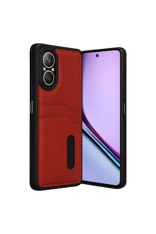 Realme 12 Lite Uyumlu Deri Kartvizitli Kartlıklı Premium Telefon Kılıfı Kapak Kırmızı