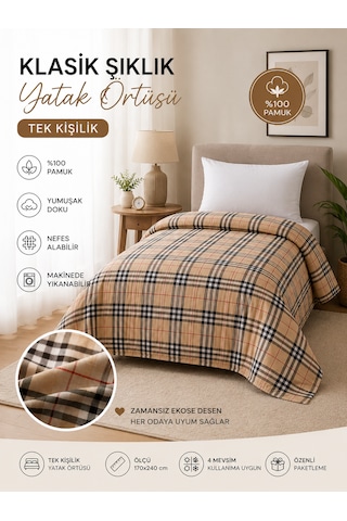 %100 Pamuk Tek Kişilik Yatak Örtüsü 170x240 Cm Klasik Ekose Desenli Şık Ve Yumuşak Bej