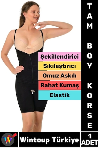 Wintoup Özel Model Karın Bel Toparlayan Sıkılaştıran Çıkarılabilir Askılı Fermuarlı Ağraflı Tam Boy Korse Siyah