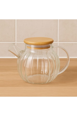 Dekorasyaa Isıya Dayanıklı Süzgeçli Cam Bambu Demlik 1000ml Cam