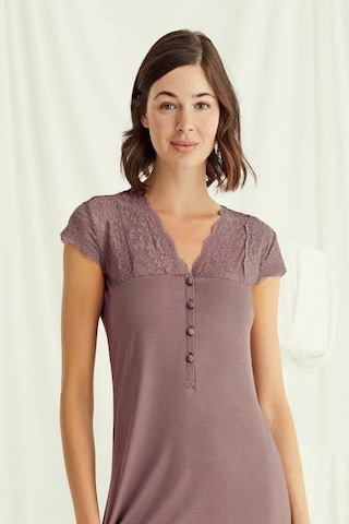 Monamise 18510 Kadın V Yaka Dantelli Düğmeli Kısa Kollu Gecelik-kahve Kahve